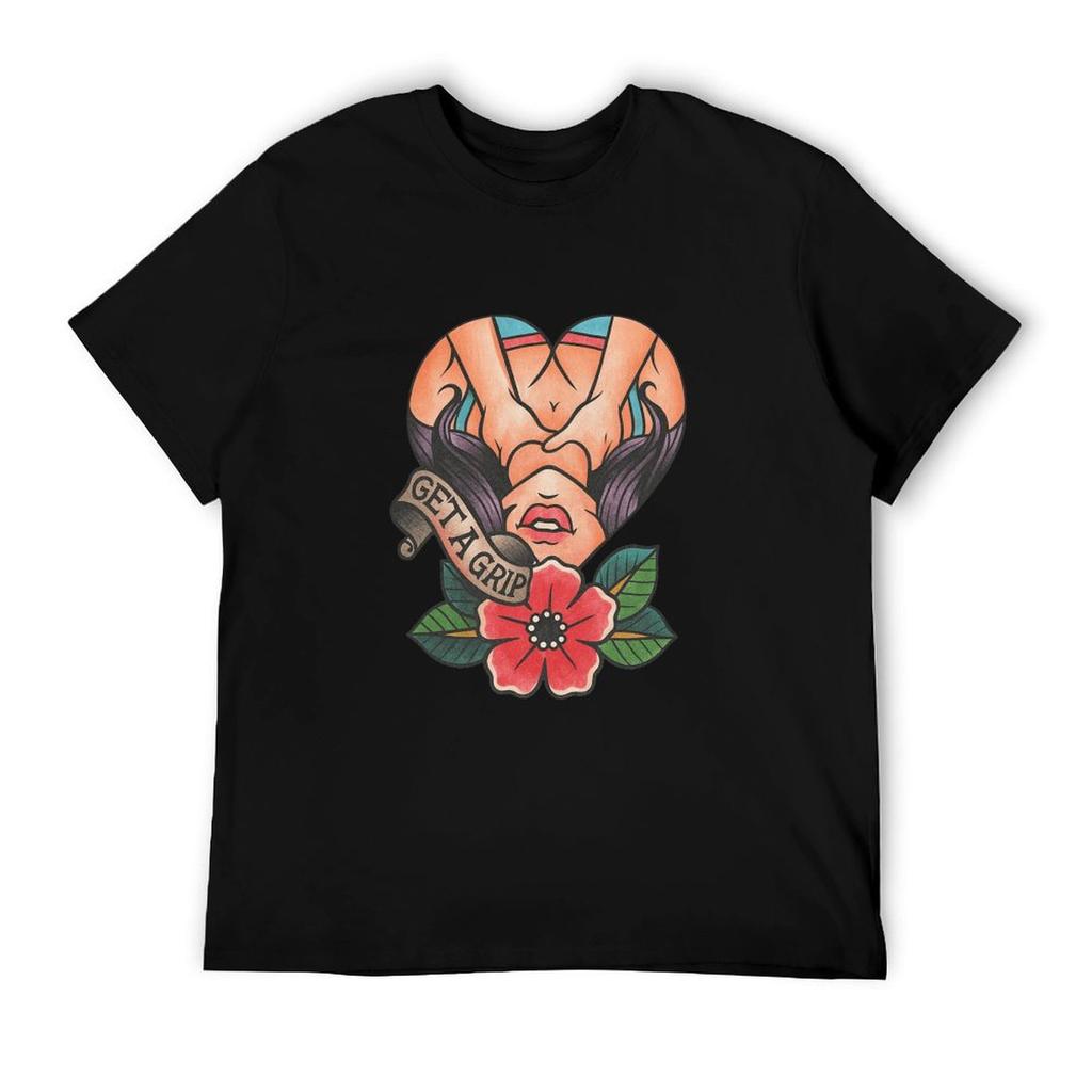 Womens Retro Oldfashioned Tattoo Heartshaped Floral Pattern Round Neck Slim Fit Short Sleeved Skin Friendly Tshirt