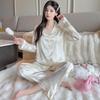 "Korean Ins-Style Imitation Silk Pajamas: Women's Long-Sleeve Cute Bear Dot Set"