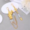 Lady Justice and Sword Asymmetrical Drop Earrings, Gold-Plated with Crystal Beads, Chain Detail