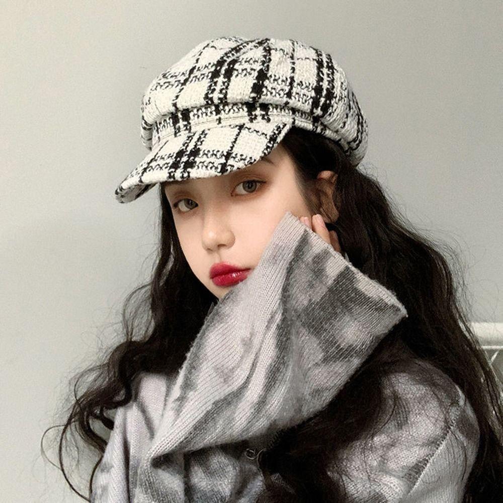 Keep Warm Korean Style Artist Hat For Female Women Visors Cap Octagonal Cap Painter Hat Plaid Beret