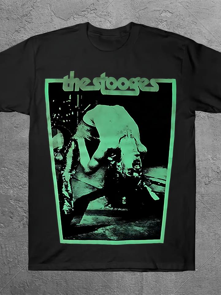 The Stooges Iggy Pop Black Green Band T-Shirt Tee Shirt Punk Rock Vintage Men's Vintage Printed Holiday Gift Cotton T-shirt
