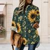 Women Plus Size Black Sunflower Printed Collared Long Sleeve Button Front High Low Curved Hem Shirt