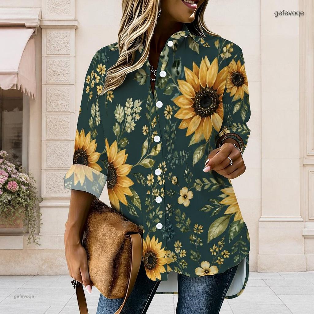 Women Plus Size Black Sunflower Printed Collared Long Sleeve Button Front High Low Curved Hem Shirt