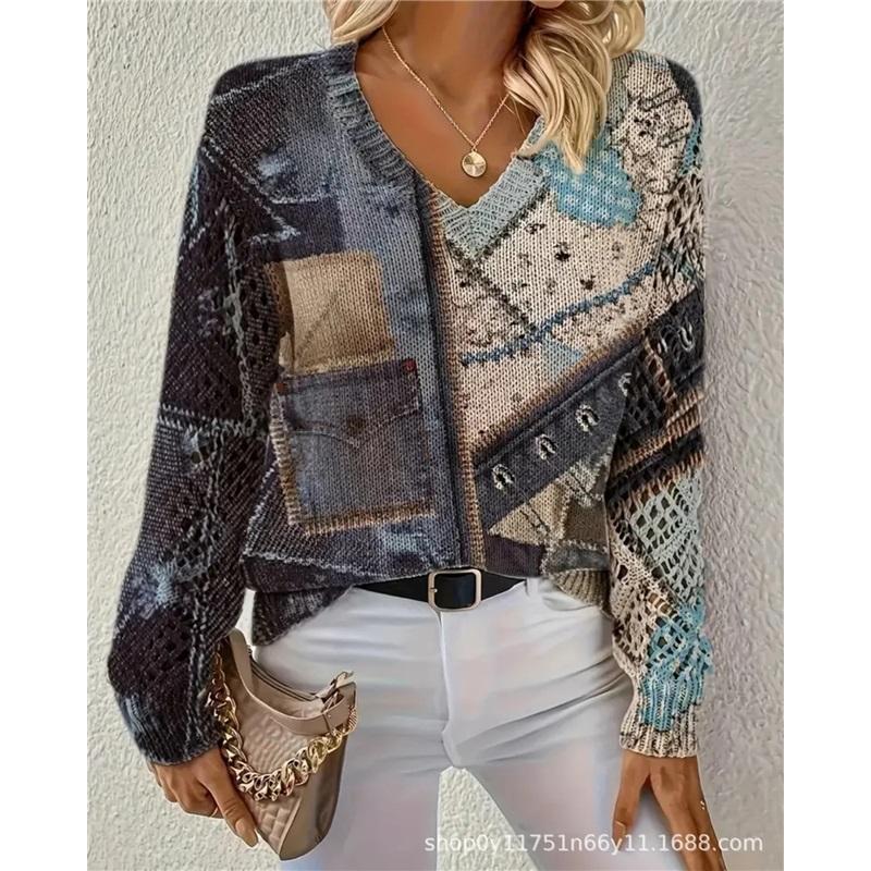 Women V Neck Knit Sweater Romantic Blossom Floral Print Hollow Out Loose Long Sleeve Pullover Autumn Winter Casual Top