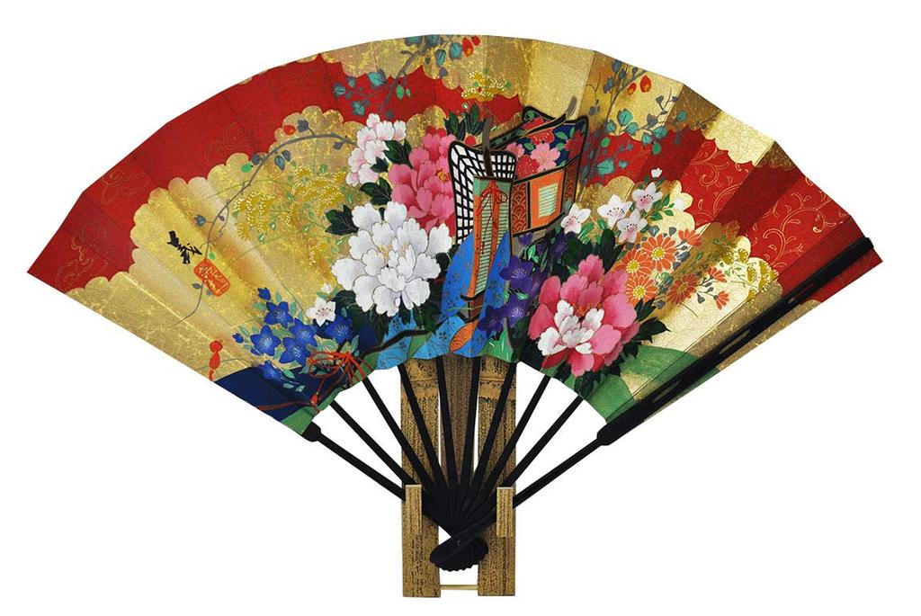 Decorative Folding Fan Imperial and White Plum with Folding Fan Boxed (Kyoto Sensu)Double-sided Carriage/red Stand,