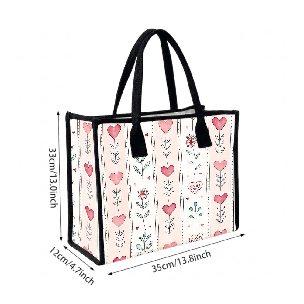 Cute Heart Floral Pattern Tote Bag Casual Daily Use Portable Shopping Handbag for Women Girl