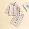 Сплошной цвет хлопка и льна для мальчиков, повседневная рубашка с карманами и пуговицами, комплект брюк, брюки с длинными рукавами, костюм из двух предметов