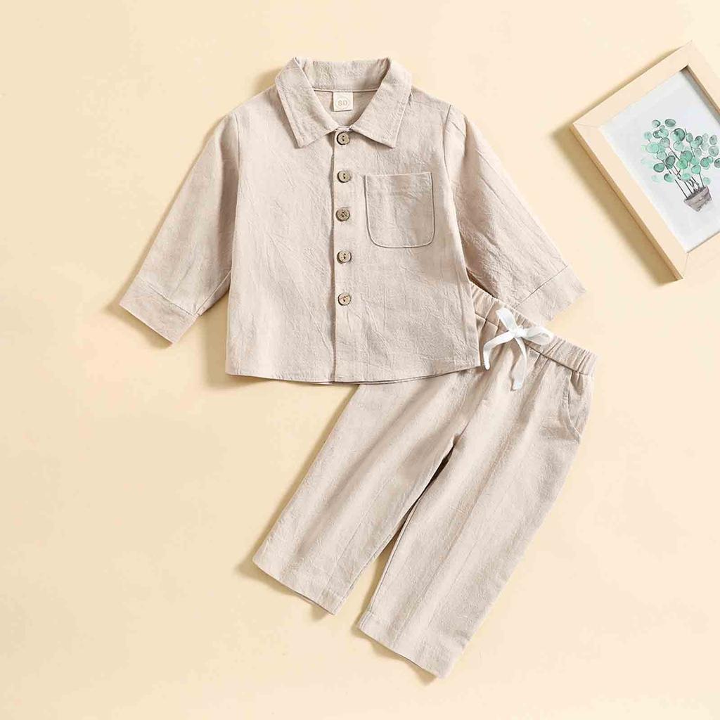 Сплошной цвет хлопка и льна для мальчиков, повседневная рубашка с карманами и пуговицами, комплект брюк, брюки с длинными рукавами, костюм из двух предметов
