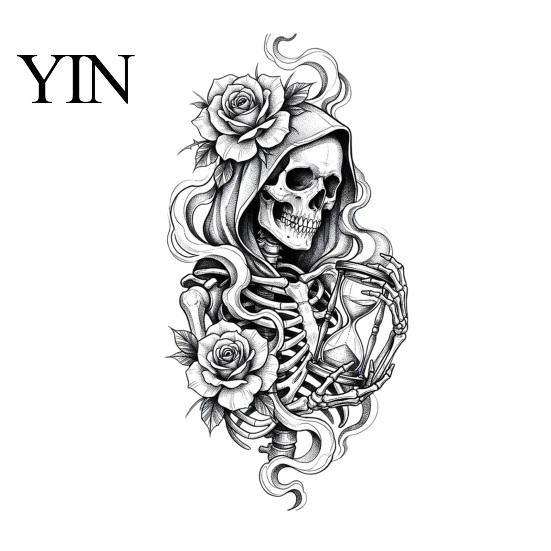 Customizable Glass Sticker Halloween Skeleton And Rose Static Window Clings, Removable Sketch Skull & Easy Install Film Flower Sticker, Waterproof PVC