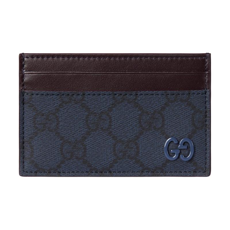 Gucci GG Supreme Palladium Tone Hardware Blue Ceramic Effect Design Leather Card Holder Men's Dark Blue