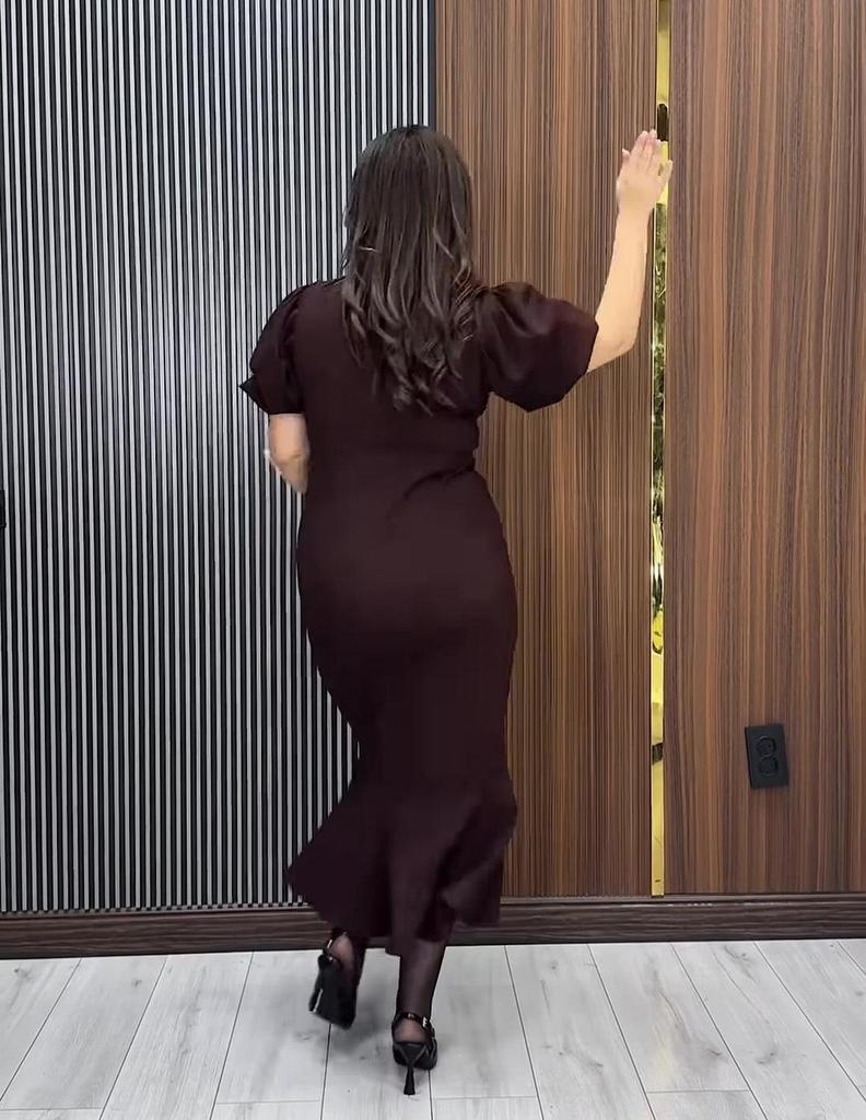 Элегантное платье-рыбка Осень 2025 - Однотонное, С коротким рукавом, Облегающее, С круглым вырезом