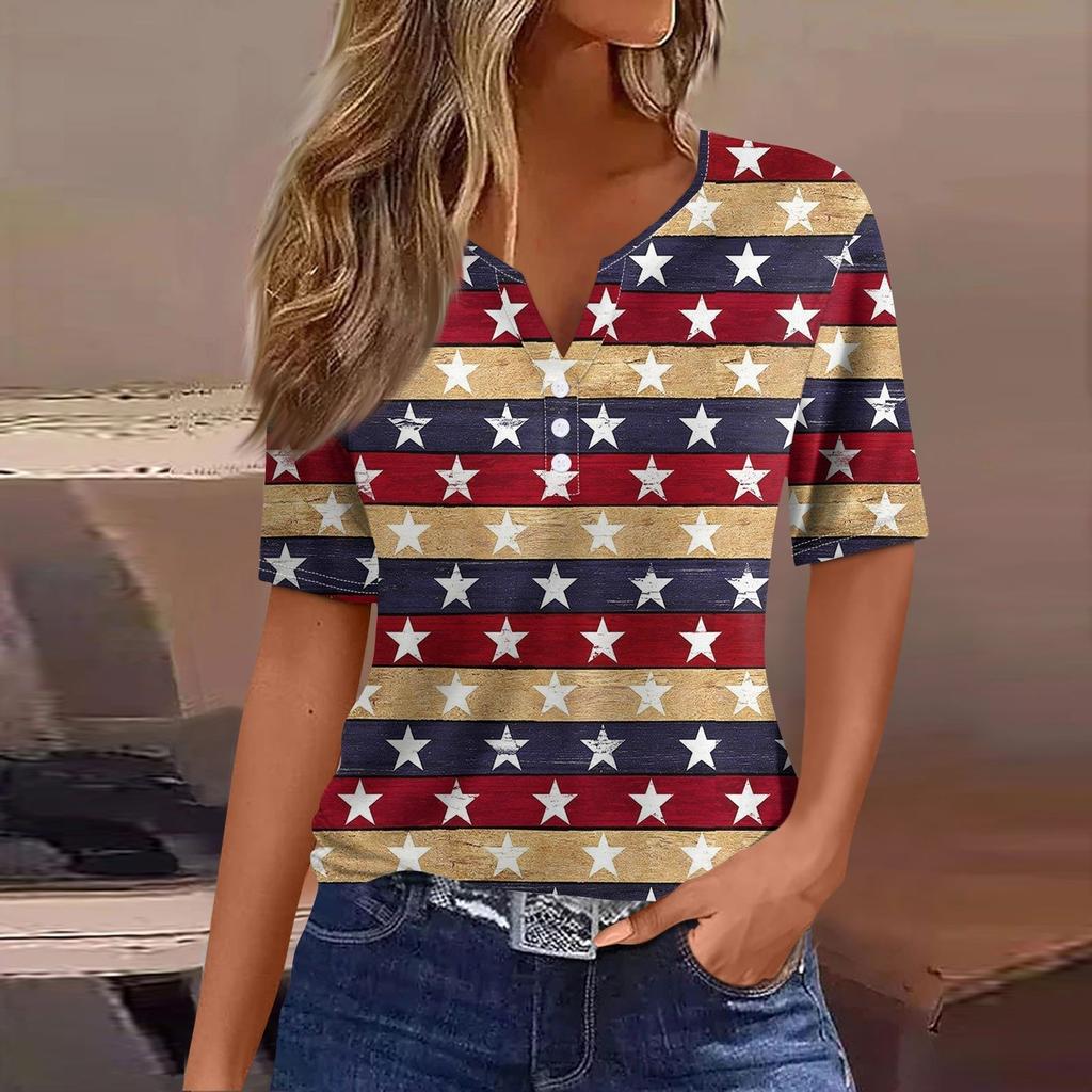 Жен. Футболка Футболка С принтом Пуговицы С короткими рукавами Повседневные Выходные Мода Классический V-образный вырез Обычный Верх