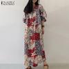 Women Summer Print Casual V-Neck Loose 3/4 Sleeve Long Dress