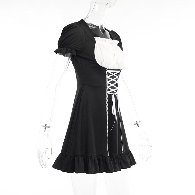 Y2k Готическое платье Лолита, женское темно-черное платье в студенческом стиле, осеннее контрастное цветное платье с пышными рукавами и завязками, женское платье