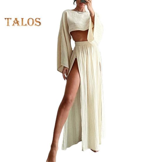 2 шт./компл. женский укороченный топ с юбкой, комплект с длинным рукавом, наклонным вырезом, короткий топ с высокой талией, разделенная юбка, сплошной цвет, пляжное бикини для отдыха, клубный вечерние топ