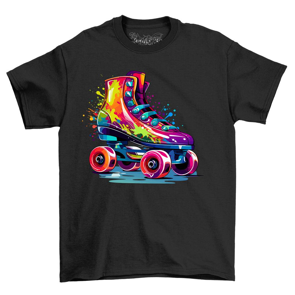Old School Rollerskate Paint Drip Design T-Shirt Mens Womens Tees Top - Fun and Retro! 100% cotton, F