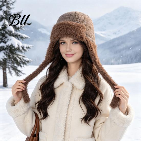 Winter Outing Accessories Women Trapper Hat, Wool Blend Knitted Hat with Ear Flaps, Fuzzy Trim, Warm Knit for Cold Weather Hiking Skiing Outdoor Caps