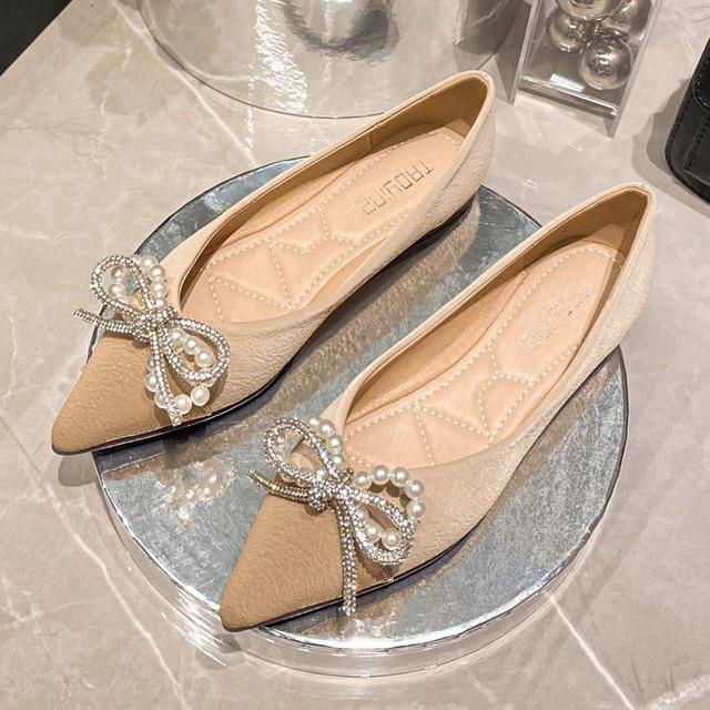 Большие размеры 33-43, модные женские туфли для выпускного вечера, однотонные женские туфли с острым носком, повседневные туфли на плоской подошве с кристаллами и милым бантом, женские туфли на плоской подошве с жемчугом