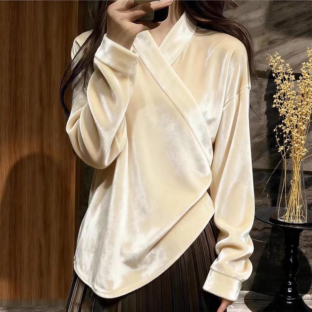 2026 Apricot Velvet Hanfu Top: New Cross-collar Tang Suit Shirt