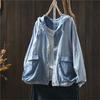 Johnature Women Vintage Hooded Shirts Striped Long Sleeve Patchwork Pockets Autumn Casual Female Blouses