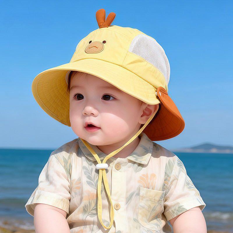Baby Summer Breathable Mesh Bucket Hat With Removable Neck Flap Large Brim Sun Protection Cute Bear Design For Boys And Girls