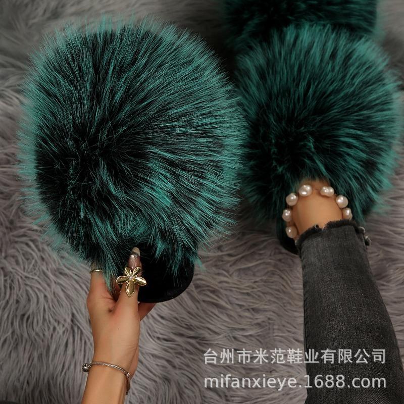 Leopard print long hair bag head warm cotton slippers women's fluffy hair slippers