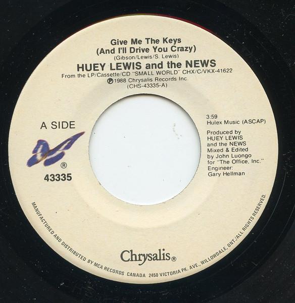 7-дюймовая пластинка HUEY LEWIS THE NEWS Give Me The Keys And Ill Drive Yo 43335 CHRYSALIS 1988 Канада Рок Б/у