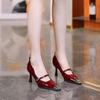 French Fashion High Heels Women's 2025 Spring New Metal Pointed Thin Heel Shallow Mouth Patent Leather One-word Buckle Strap Single Shoes