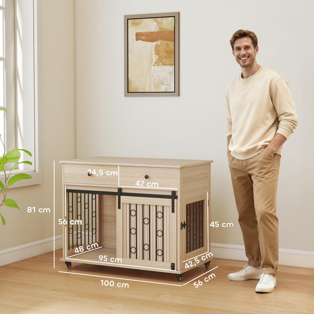 Dog Crate on Wheels, 2 Doors, 2 Drawers, for Medium and Large Dogs, Wood, Steel