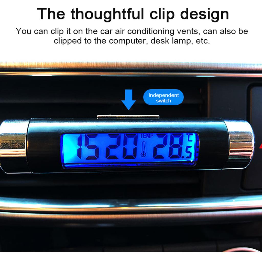 2 in 1 Car Clock Temperature Meter Gauge Air Outlets Clip on LED Digital Display Thermometer with Blue Backlight 12H