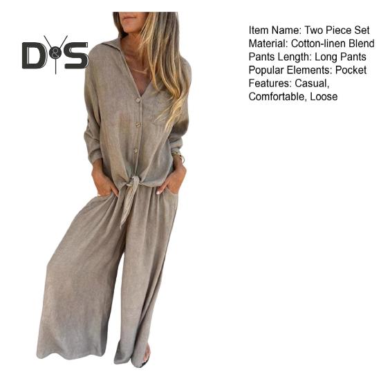 Women's Cotton-Linen Two Piece Outfit Long Sleeve Lapel Button Down Top Matching Wide Leg Pants Casual Loungewear Set