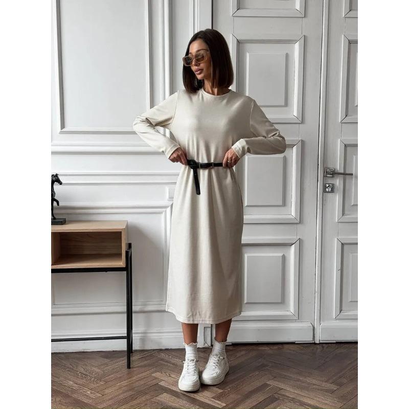 Модное Повседневное Свободное Платье С Длинным Рукавом С Круглым Вырезом Весна Осень Элегантные Платья Женские Простые Однотонные Вечерние Сладкие Базовые Вещи