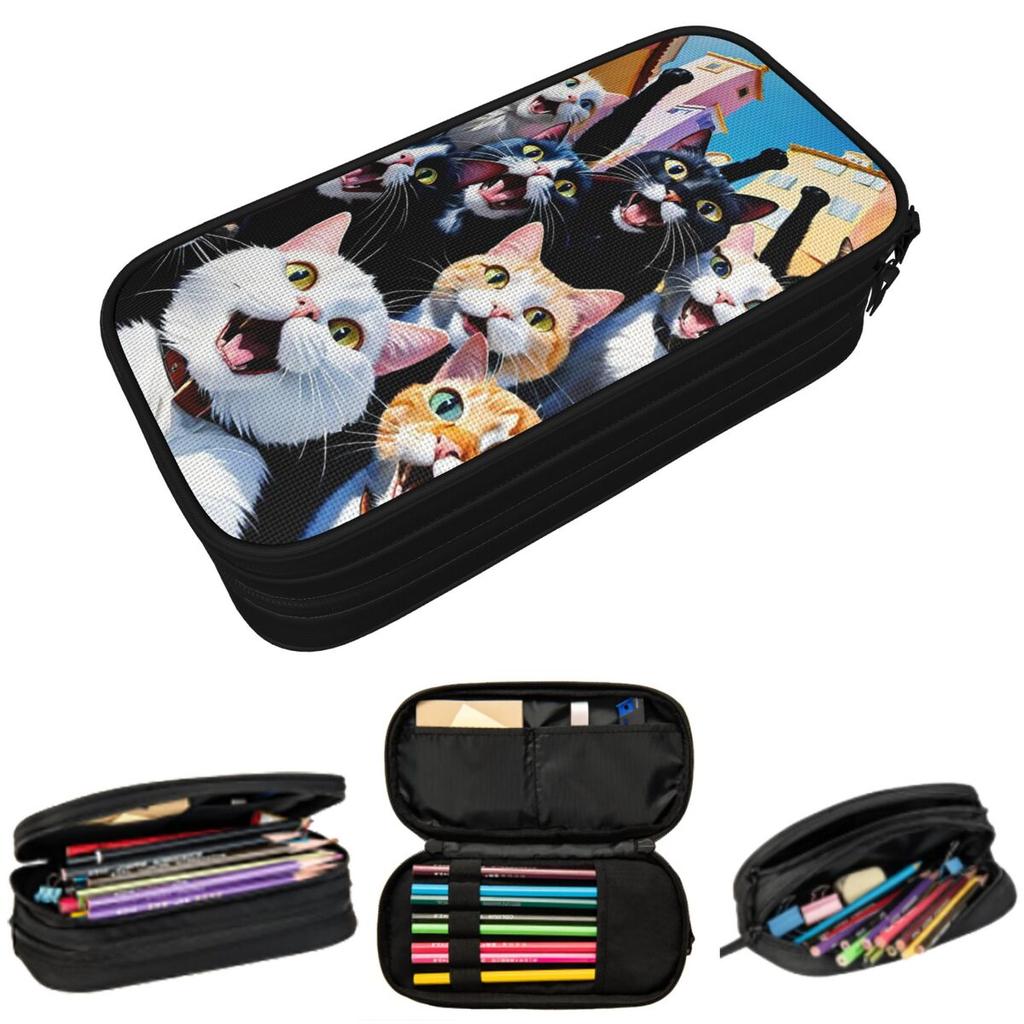 Cartoon Cats Selfie Pencil Case for Studen School Pen Box Pencil Bag Stationery Supplies Pen Holder Bag
