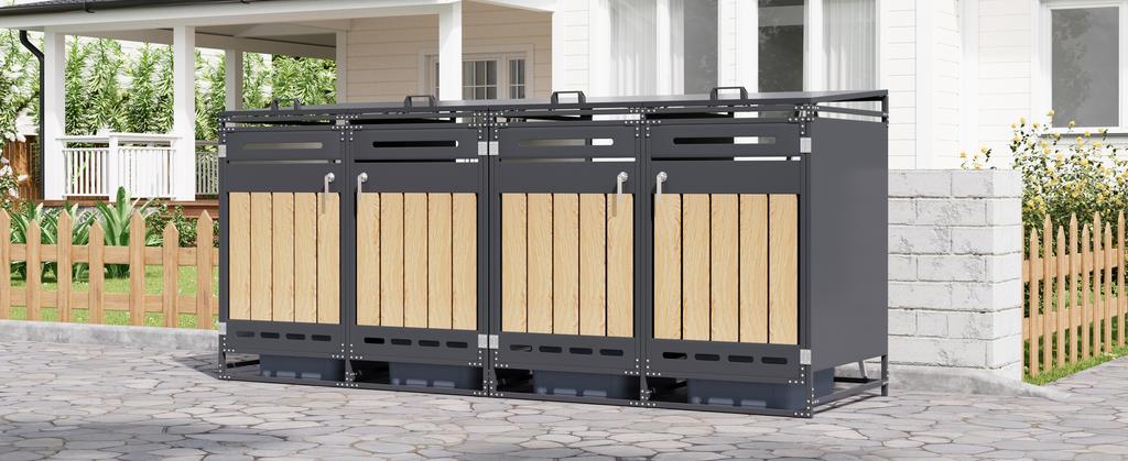 4-Piece Set Trash Can Box with Hydraulic Lid, Vertical Wood-Look Cladding, Slotted Ventilation, Iron Garden Storage Cabinet with Lock