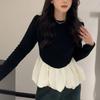 O-Neck Elegant Backless Blouse Women's Contrasting Colors Spliced Ruffles Spring Autumn Long Sleeve Waist Shirt