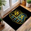Golden Lion Crest on Blue and Black Shield Patterned carpet, non slip mat suitable for living room and bedroom sofas