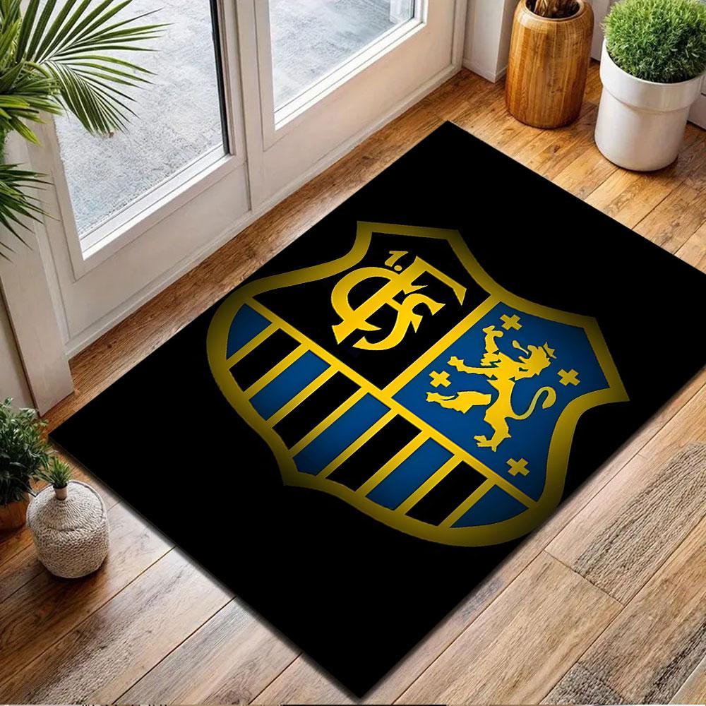 Golden Lion Crest on Blue and Black Shield Patterned carpet, non slip mat suitable for living room and bedroom sofas