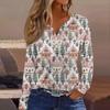Women's Fashion Casual V-Neck Button-Up Long-Sleeve T-Shirt With Christmas Print Top