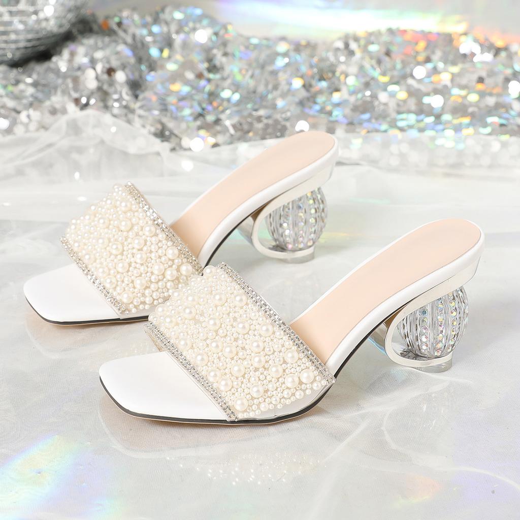 New Women's Sandals Crystal Pearls with Crystal Heel Slippers, Banquet Dress Shoes
