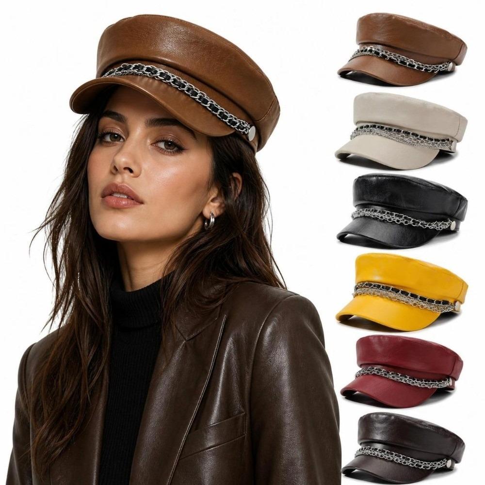 PU Leather Beret Hat Silver Chain Decor Octagonal Beret Cap Vintage Peaked Hat Autumn Winter