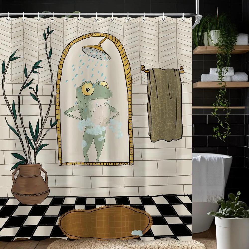Funny Retro Frog Printed Shower Curtain Cute Vintage Animal Plant For Bathroom Decor