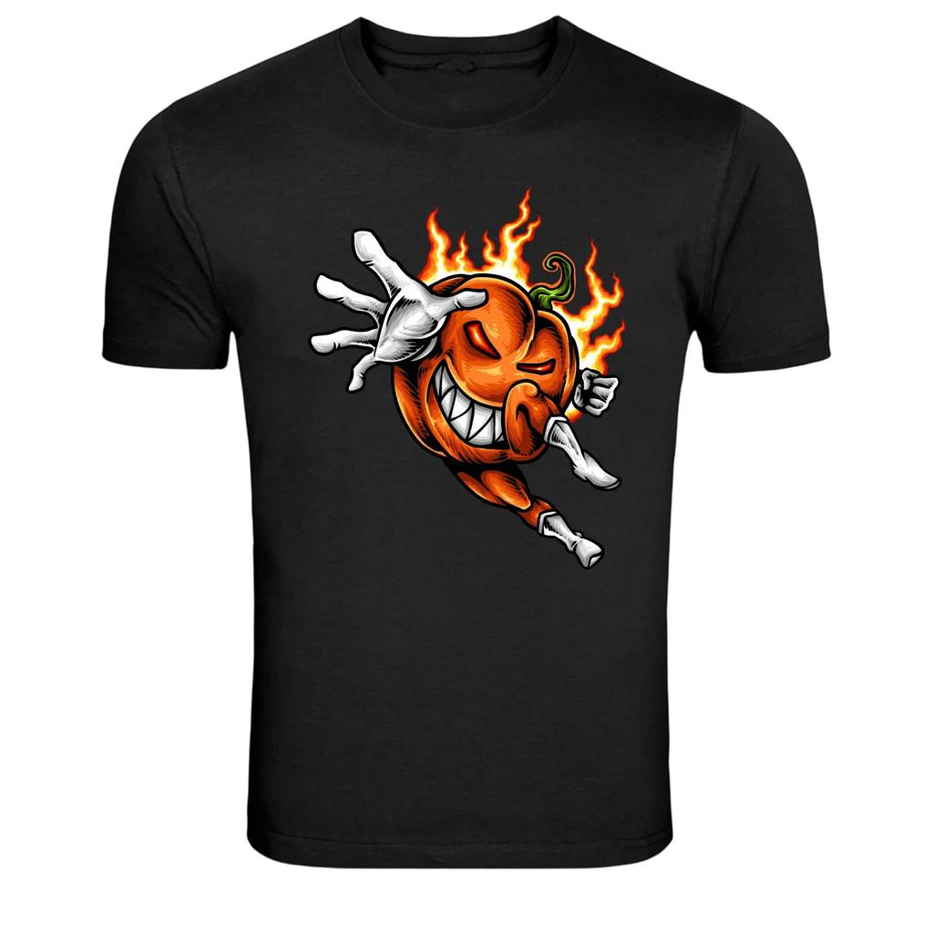 Flaming Evil Pumpkin Halloween Cartoon Character Graphic T-Shirt