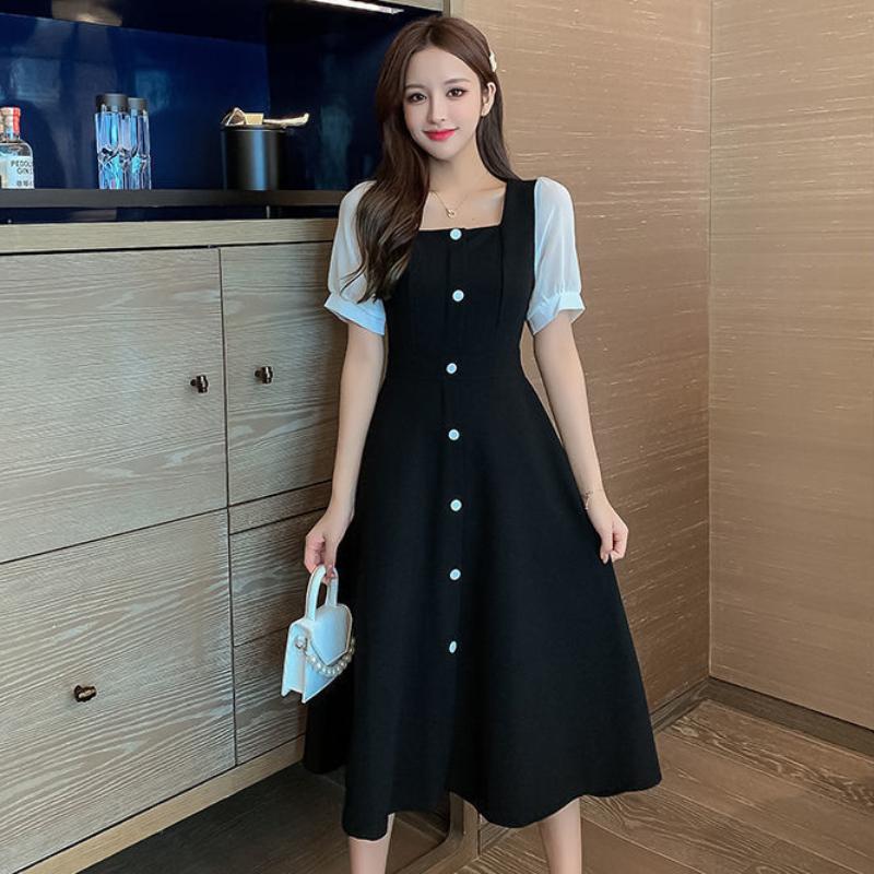 Черное платье в корейском стиле, женские винтажные платья миди с квадратным воротником и длинными рукавами Kpop, модные осенние халаты женские