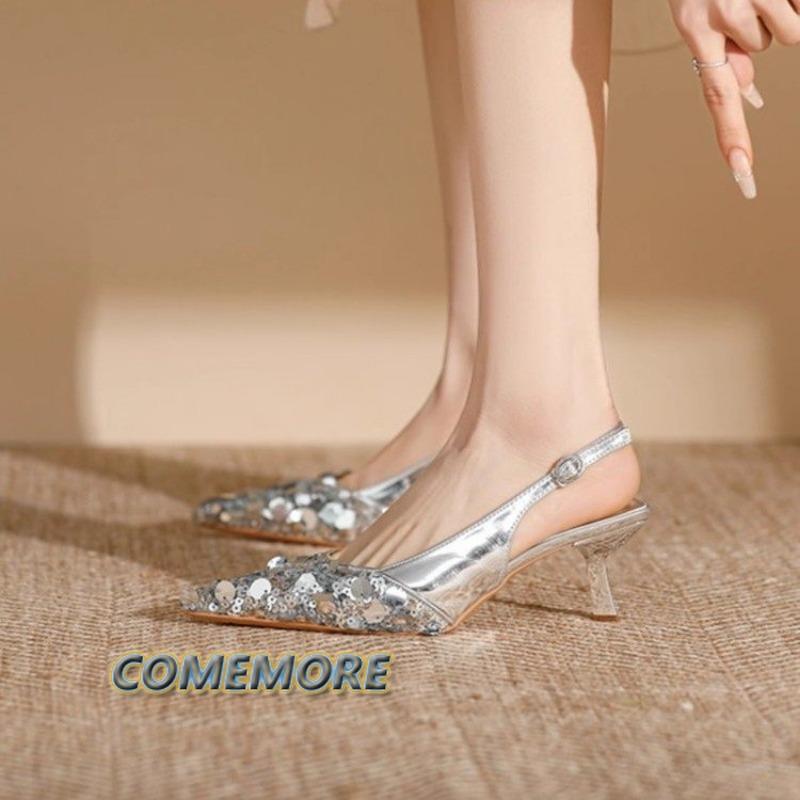 Новые женские туфли-лодочки на тонком каблуке, дизайнерская модная обувь, неглубокие, блестящие, женские туфли на высоком каблуке, шлепанцы, сандалии, обувь для женской вечеринки, лето