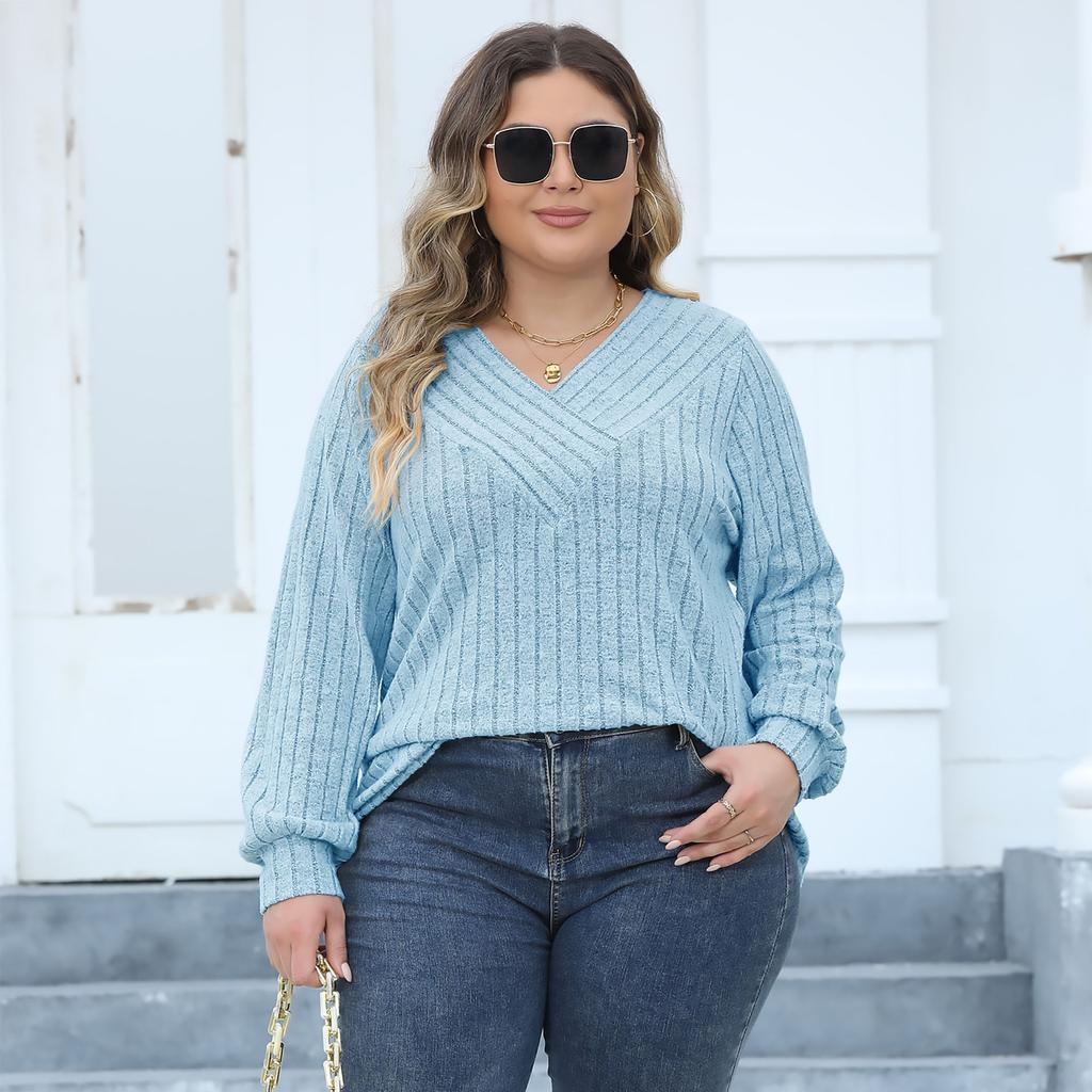 Women's Casual Autumn and Winter Big Size Striped V-neck Cross Bottoming Pullover Jumper