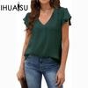 Women's Summer V-neck Pull-out Ruffled Sleeve Loose T-shirt Top Chiffon
