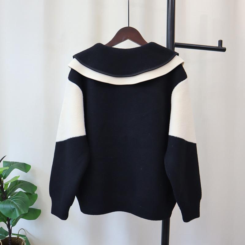 Дизайн с воротником-куклой, контрастный цвет, вязаный двусторонний твидовый жакет, осень-зима, новый свободный и тонкий свитер-кардиган для женщин