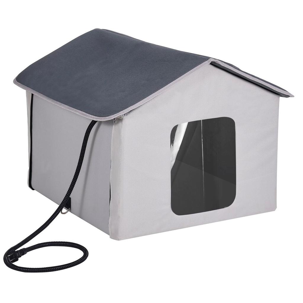 Heated Cat House Foldable Kitty Shelter with Heated Pad Gray Middle