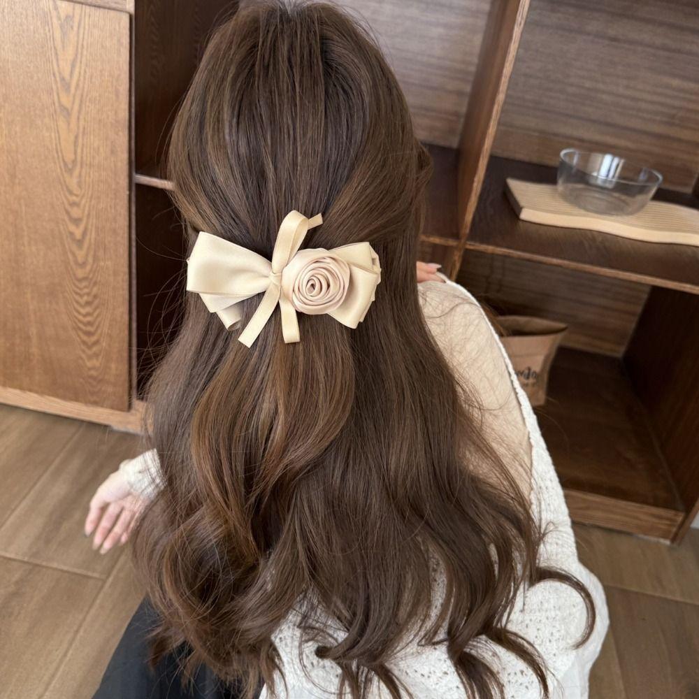 Jaw Clip Style Rose Hair Clip Satin Ribbon Ponytail Hair Claw Retro Rose Banana Clip  For Women