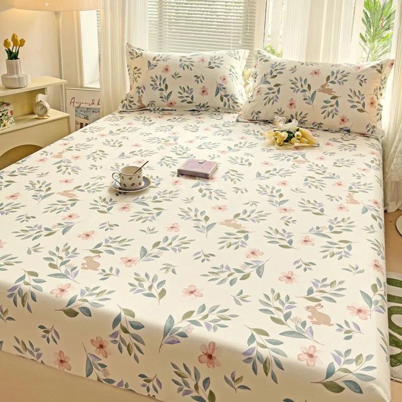 Floral Leaves Pattern Fitted Sheet Set 100% Cotton Comfortable Soft Bedding Set Plants Printed Mattress Cover with Pillowcases